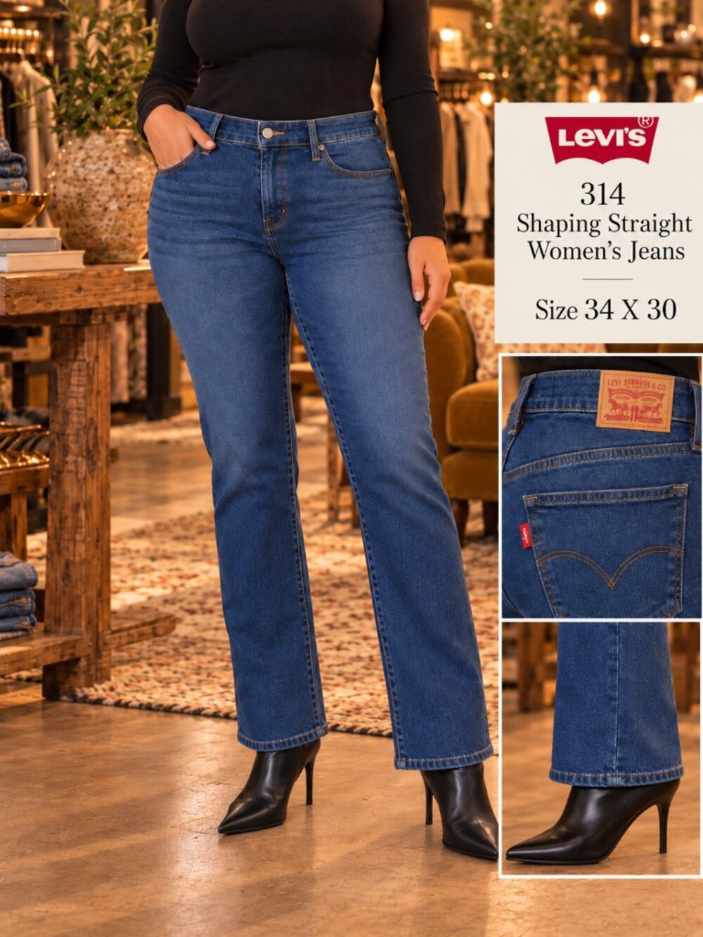 Levi’s 314 Shaping Straight Jeans Women’s 16-18 Short 34x30 Medium Wash NWT